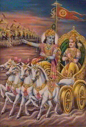 Lord Krishna urging Arjun on the battlefield to follow his Dharma and fight the war.